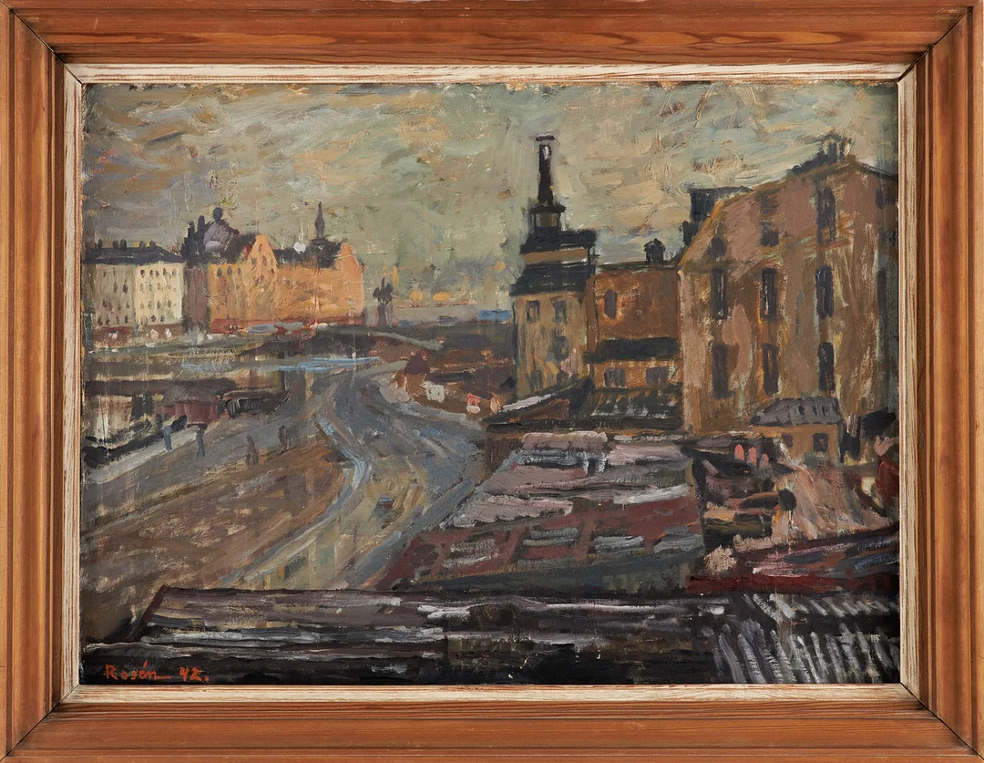 SVEN OLOF ROSÉN. Stockholmsvy, olja på pannå, signerad och daterad Rosén -42. — Paintings — Stockholms Auktionsverk Sickla