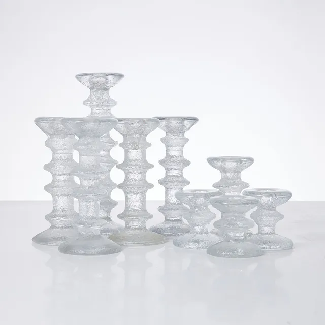 TIMO SARPANEVA. "Festivo", ljusstakar, 9 st, Iittala, Finland, formgivningsår 1967, pressglas, monogramsignerade.