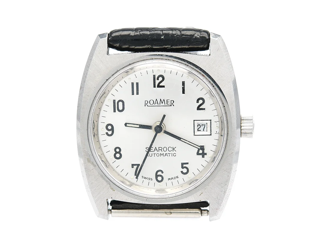 ROAMER, Searock, Boett nr. 485-2220.015, damur, 26 mm, stål, automatisk, plexiglas, datum, skadad urtavla, originalspänne, ca 1970. — Klockor/Roamer — Kaplans