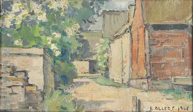 EDVIN OLLERS. Olja på pannå, motiv av sydländsk by, signerad och daterad 1948.