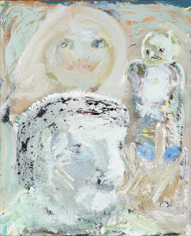 “3 mennesker” (3 people), 1982. Signed, titled and dated on the reverse. Oil on canvas. 81×65 cm.