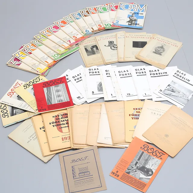 TIDSKRIFTER, 86 st, Form, Boet, Kunstindustri, Glas och porslin, 1928-1941.