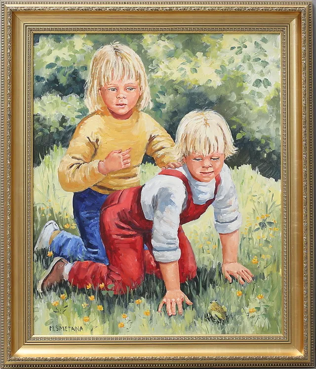 MONICA SMETANA. Barn och groda. Olja på duk, signerad.