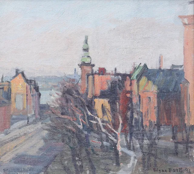 SIGNE BARTH. Hornsgatan, Stockholm. Olja på duk, uppfodrad på pappannå, signerad och daterad 46.