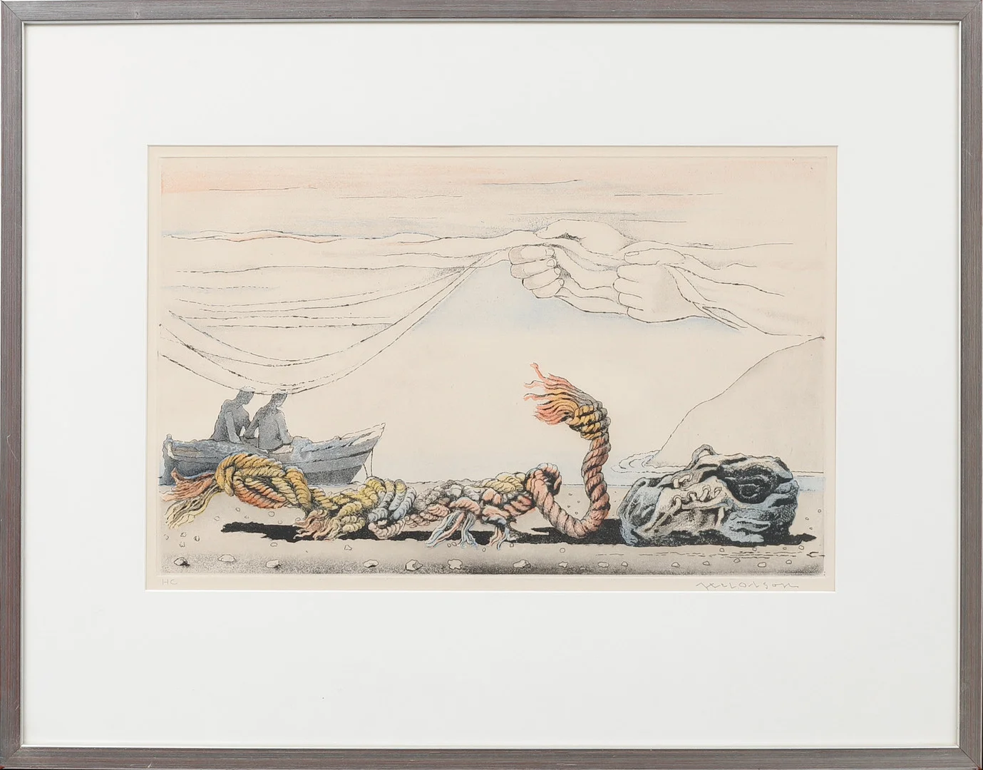 AXEL OLSON. Surrealistisk bild, färglitografi, signerad, HC. — Engravings & Prints — Göteborgs Auktionsverk