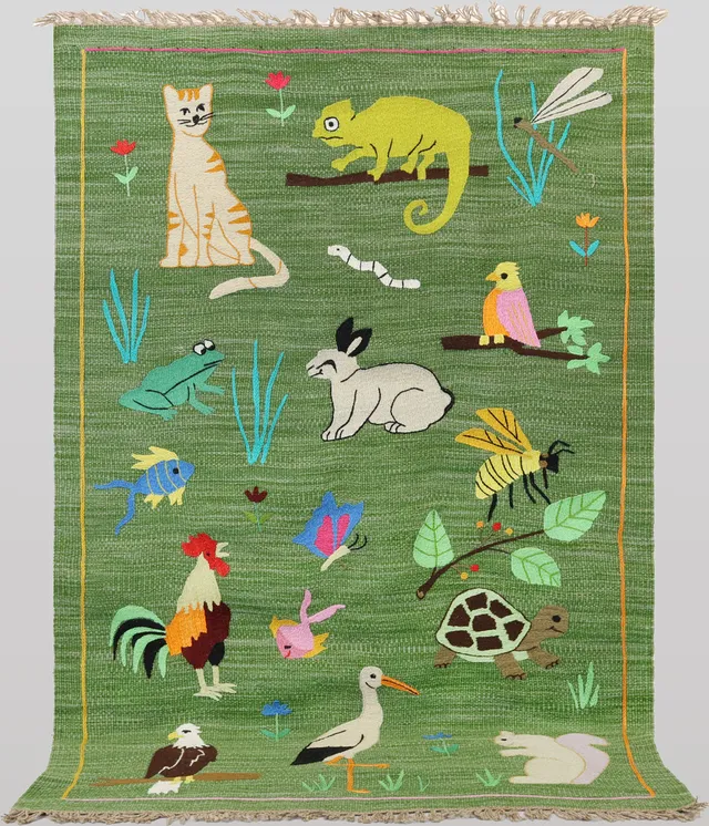 ORIENTMATTA, kelim, handvävd, figural, handbroderat mönster med djur på grön botten, ull på ullvarp, ca 183x110 cm.