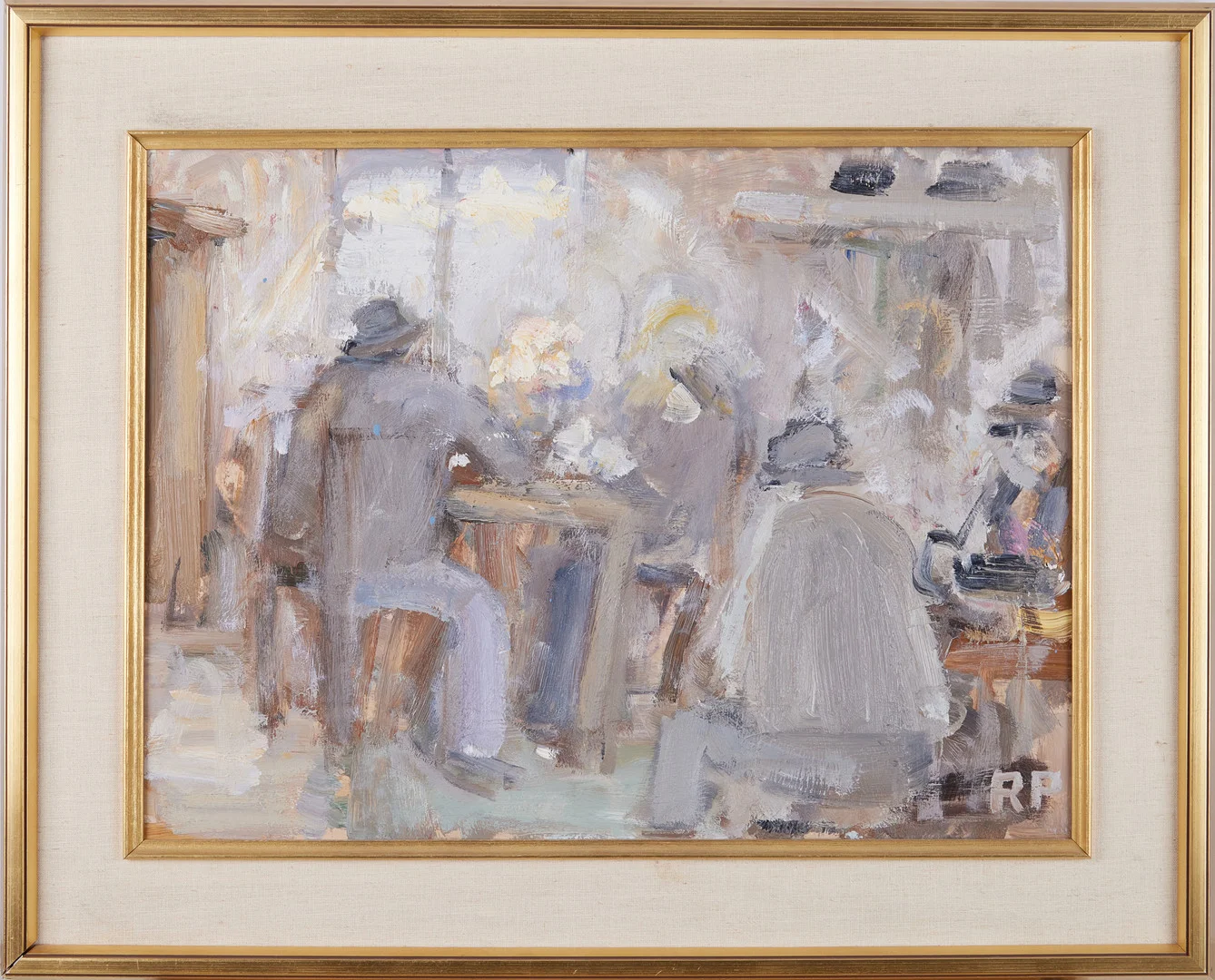 RAGNAR PERSON. Gästgiveri, olja på pannå, monogramsignerad RP. — Paintings — Stockholms Auktionsverk Magasin 5