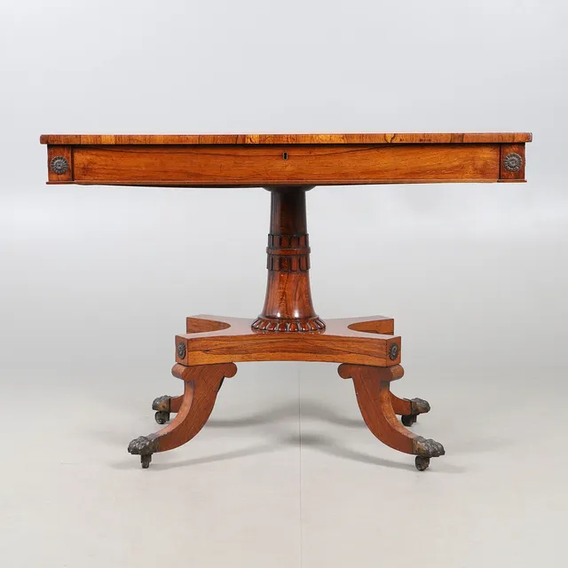 A LATE REGENCY ROSEWOOD AND BURR WOOD PEDESTAL TABLE.