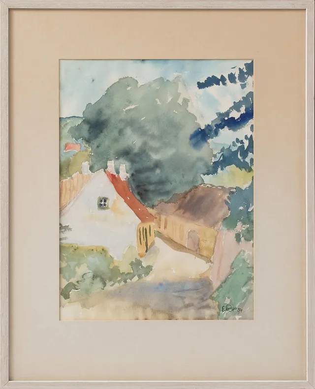 ERNST RÖHLANDER. Vitt hus i landskap. Akvarell, signerad och daterad 54.
