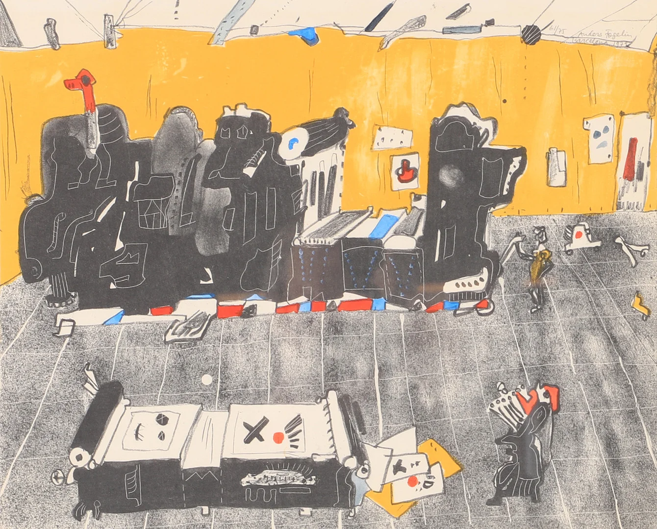 ANDERS FOGELIN. Tryckeriet, färglitografi, signerad 1979. — Engravings & Prints — Helsingborgs Auktionskammare