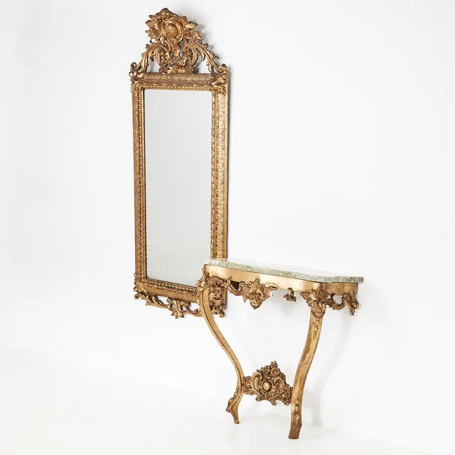 SPEGEL & KONSOLBORD, 1800-talets andra hälft, nyrokoko, dekor i pastellage, förgylld.