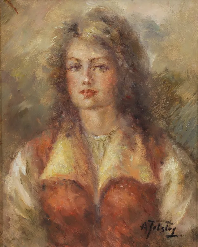 ALEXANDER TOLSTOY. Kvinnoporträtt, olja på dukpannå, signerad.
