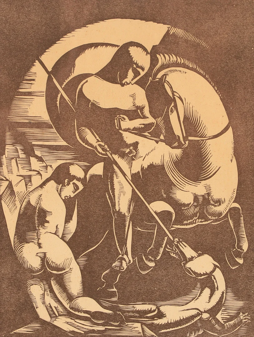 PÄR SIEGÅRD. S:t Göran och draken, träsnitt, signerad. — Engravings & Prints — Helsingborgs Auktionskammare