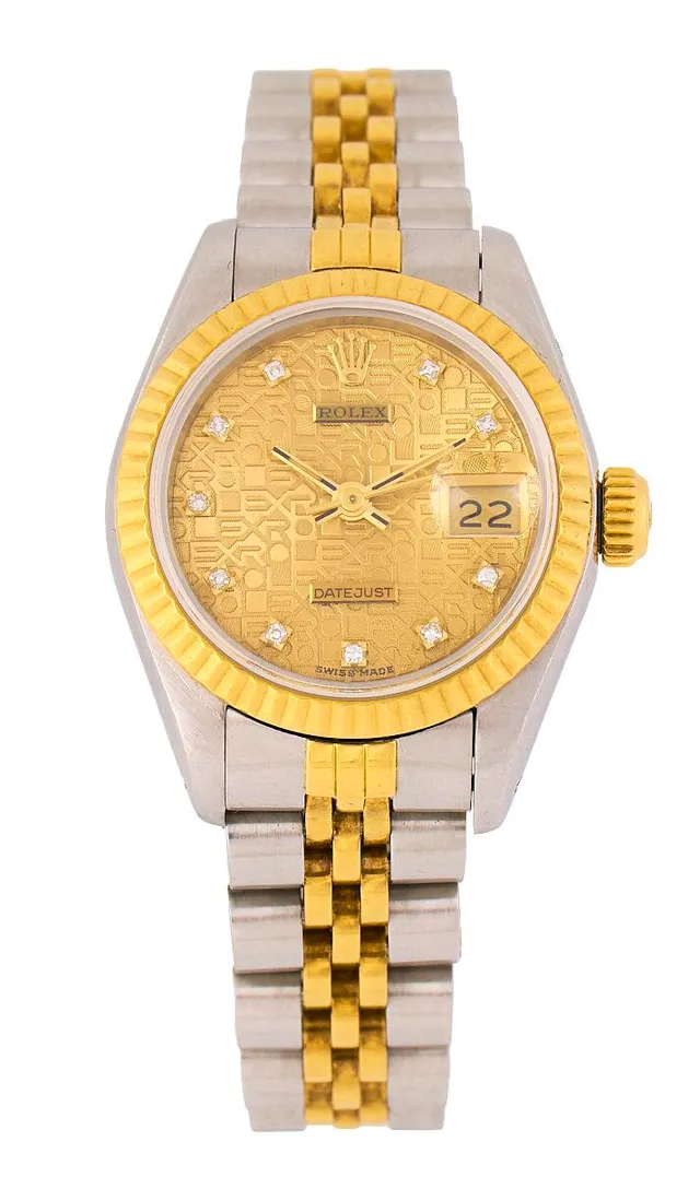 Datejust of 18k gold and steel with Rolex “Computer” dial set with diamonds, ref. 69173. Mechanical movement with automatic winding and date indication, cal. 2135. Rolex “Jubilee” bracelet of 18k gold and steel with folding clasp. Circumference app. 15 cm. Ø 26 mm. 1988.