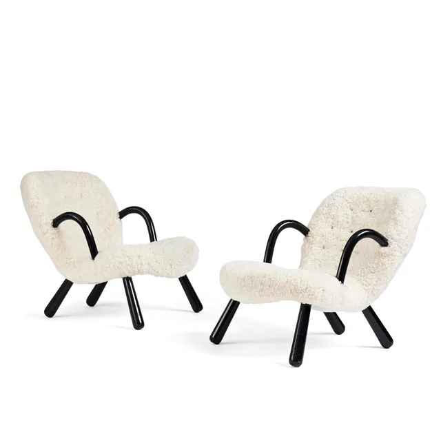 Arnold Madsen, Clam chairs/ Muslinge fåtöljer, ett par, sannolikt Madsen & Schubell, Danmark, 1940-50-tal.