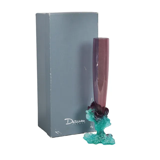 A DAUM AMETHYST GLASS VASE WITH PATE DE VERRE BACCHUS BASE.
