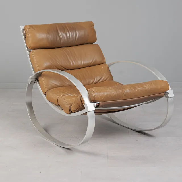 HANS KAUFELD. Rocking Chair / Schaukelstuhl, Aluminium, Leder, 1970er Jahre, Deutschland.