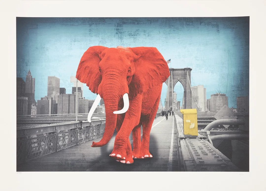 LARS TUNEBO. "Tripping on Brooklyn Bridge", plantryck, signerad och numrerad 6/10. — Engravings & Prints — Stockholms Auktionsverk Sickla