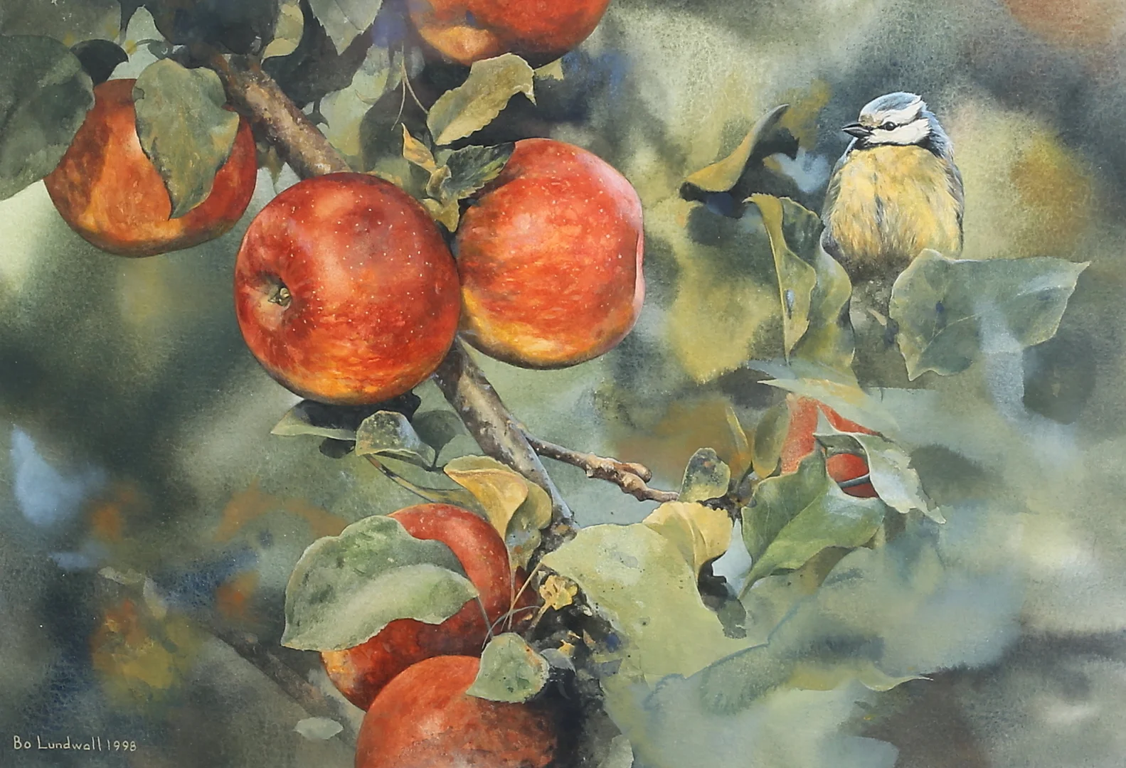 BO LUNDWALL. Blåmes i äppelträd. Akvarell, signerad och daterad 1998. — Paintings — Auktionshuset Thelin & Johansson