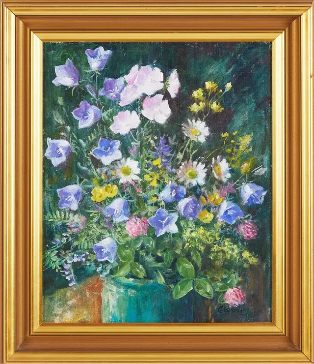 GUNNAR CLOVÉN. Blomsterstilleben med blåklockor, oljemålning påduk, signerad Clovén.