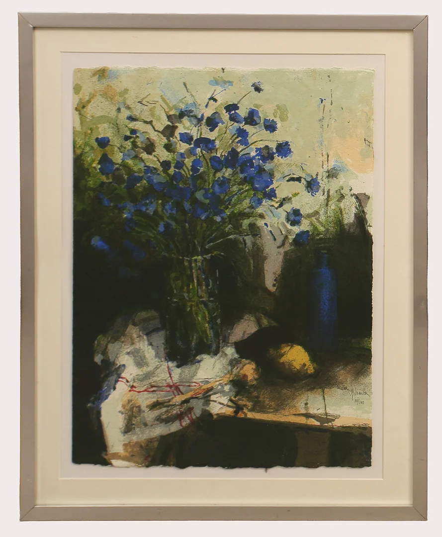 GÖRAN IVARSSON. Screentryck, komposition med blåklint, numrerad 88/160, signerad. — Engravings & Prints — Limhamns Auktionsbyrå