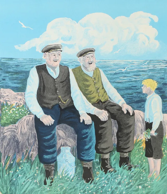 BERT-HÅGE HÄVERÖ. Fiskargubbar, färglitografi, signerad -78.