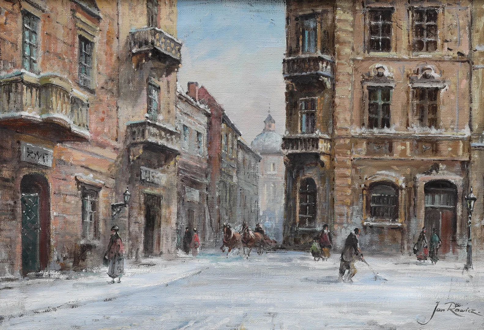 JAN RAWICZ. olja på duk, slädfärd genom snötäckt stad, signerad. — Paintings — Auktionsmagasinet Vänersborg