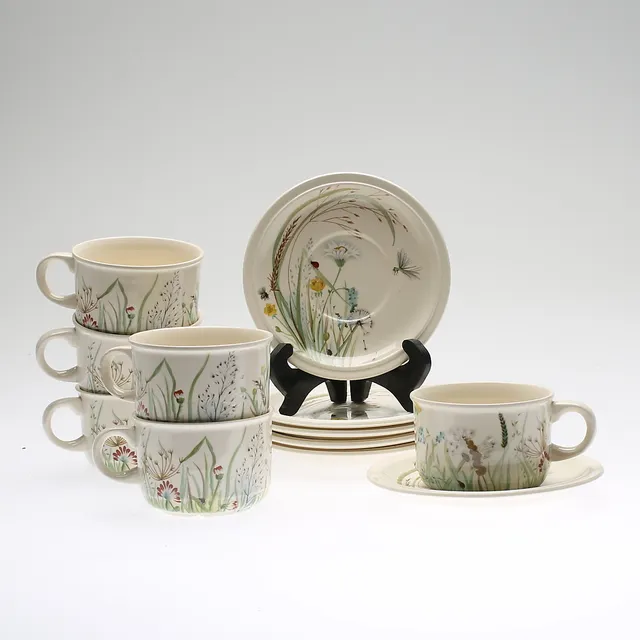 TEKOPPAR MED FAT, 6 st, porslin, "Springtime", Royal Tudor, England.