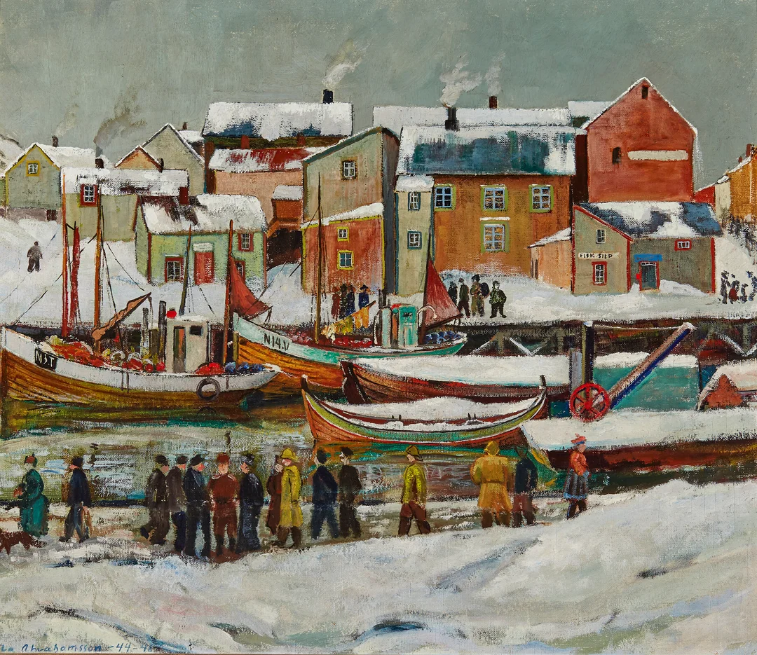 Abrahamsson, Ola — Fiskebåter ved land, 1944/48 — Kunst/Maleri — Blomqvist