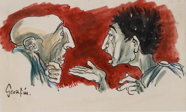 SERAFÍN ROJO CAMAÑO. CONVERSACION, DIBUJO ACUARELADO.