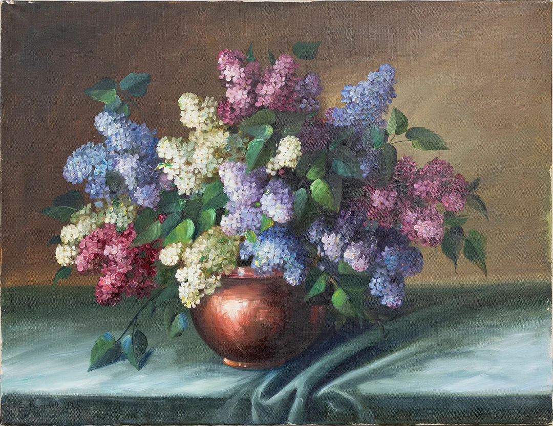 STURE KANDELL. stilleben med syrener, olja på duk, signerad , daterad 1928. — Paintings — Auktionshuset Kolonn
