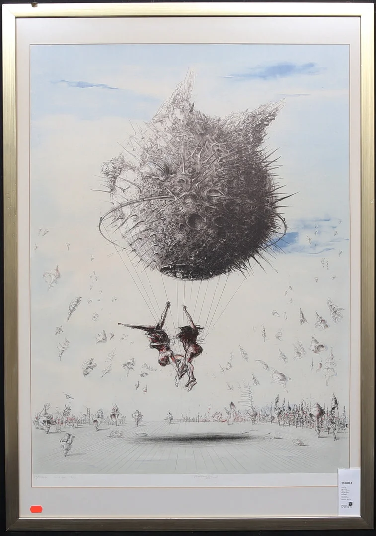 GÖSTA GIEROW. "Ballongfärd". Färglitografi, signerad, numrerad 75/150 och daterad -80. — Engravings & Prints — Gomér & Andersson Linköping