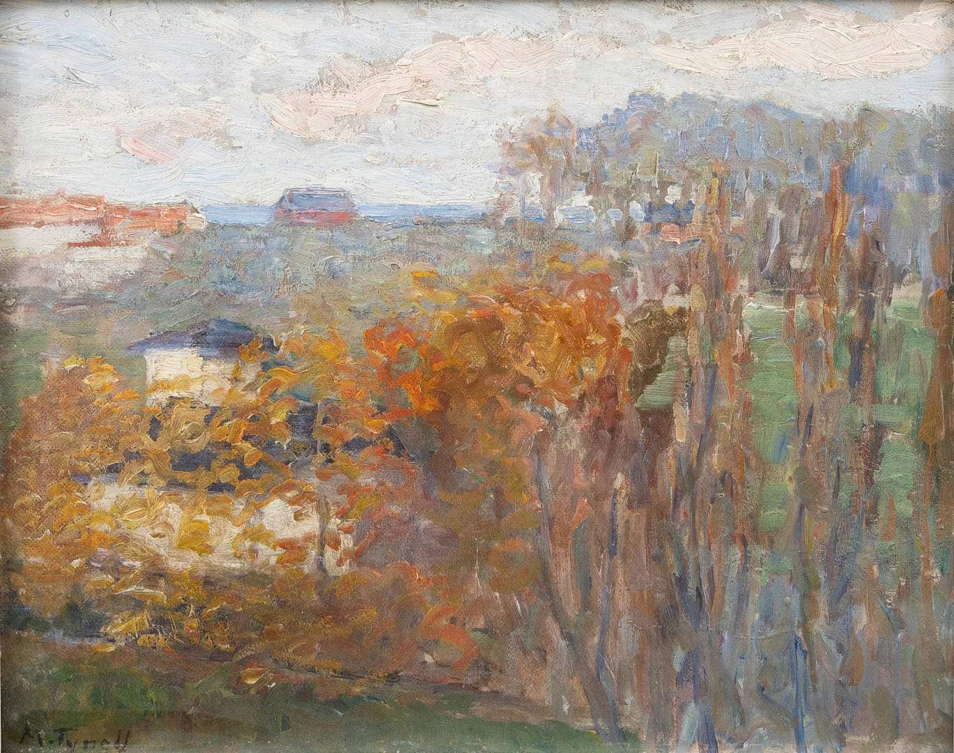 MÄRTHA TYNELL (1865-1930). Höstlandskap, olja på pannå, signerad H Tynell. — Paintings — Garpenhus Auktioner