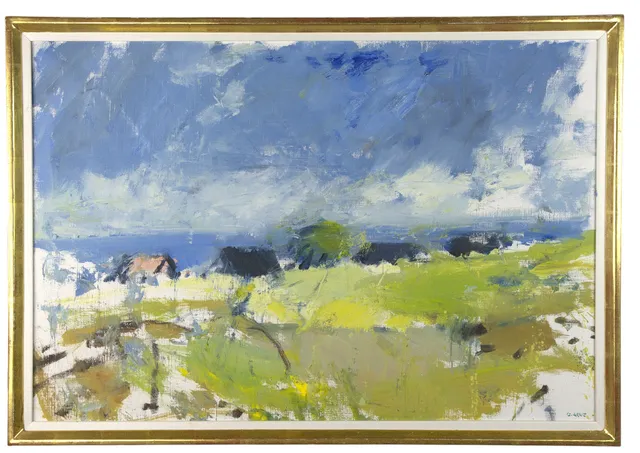GUSTAV ARNE. Olja på duk, "Byn vid havet", signerad, 1984.