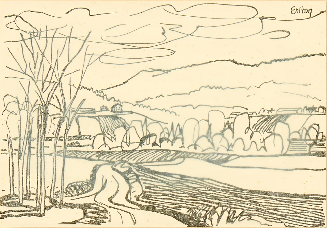 ERLING ÄRLINGSSON. Landskapsvyer fyra stycken (varav två tryck). — Drawings — Uppsala Auktionskammare