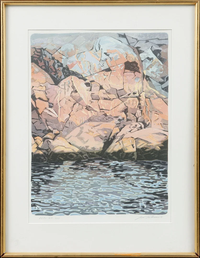 JAN FALKMAN. Röda klippor, färglitografi, signerad och numrerad 167/220. Daterad 88. — Engravings & Prints — Göteborgs Auktionsverk