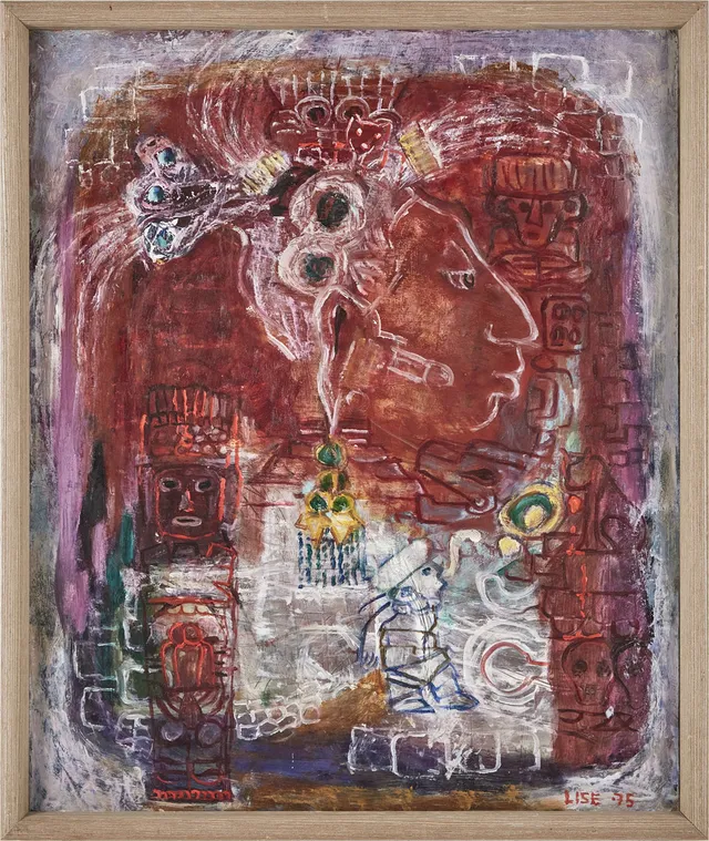 LISE DROUGGE (1919-2022). Figurkomposition, olja på pannå, signerad och daterad -75.