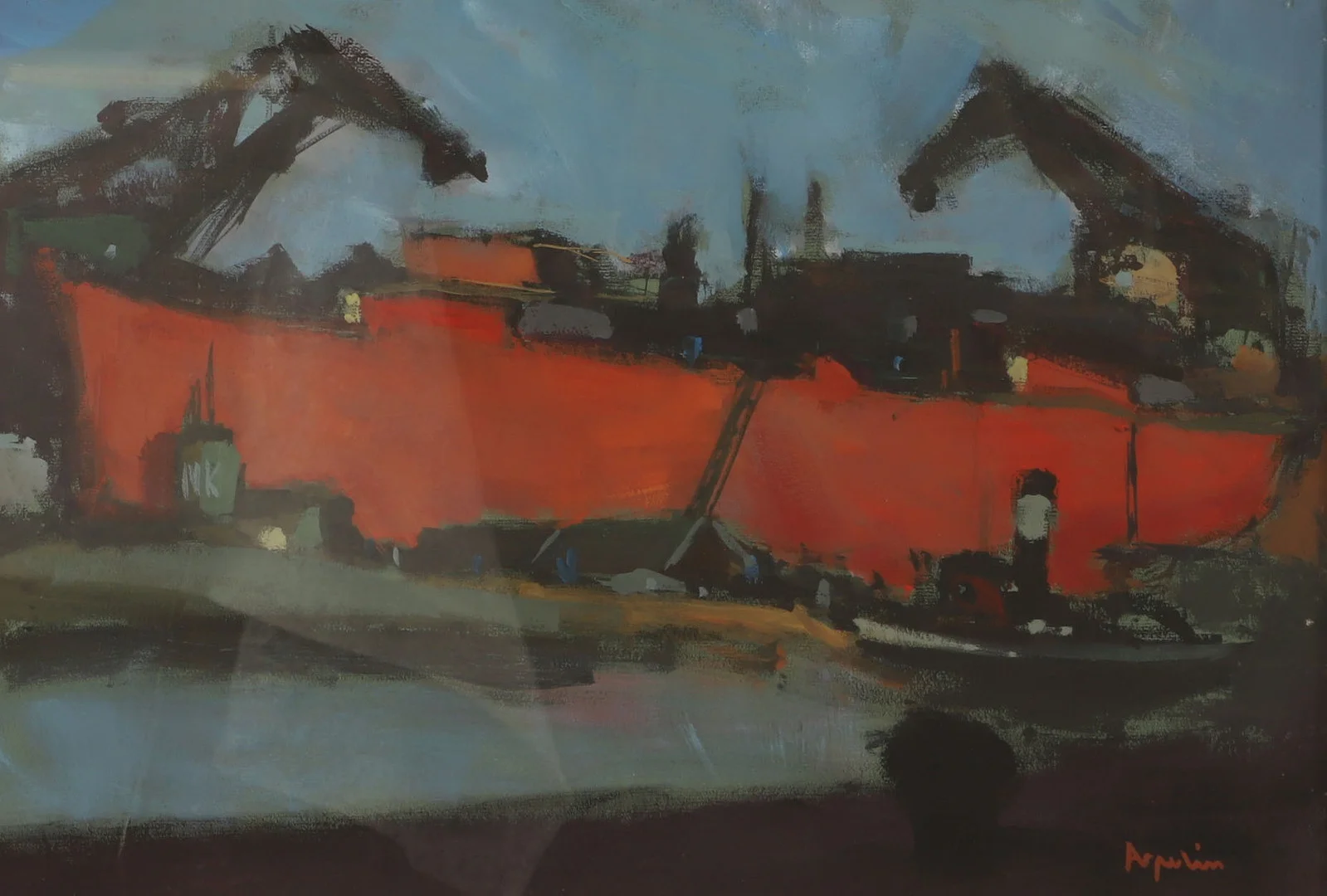 ARNE ASPELIN. Hamnmotiv med fartyg, blandteknik, signerad Aspelin. — Paintings — Helsingborgs Auktionskammare