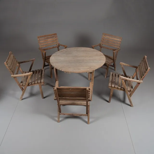 CARL MALMSTEN. Trädgårdsmöblemang. "Bergshamra", 6 delar, fur.