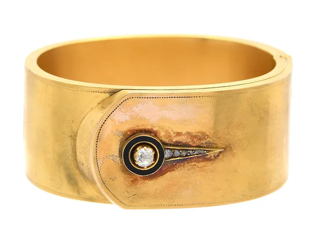 ARMRING, 14K guld, gammal- och rosenslipade diamanter ca 0,35 ctv, svart emalj, antik, bredd 28 mm, 5,9 x 4,8 mm, vikt 61,6 g, buckla.