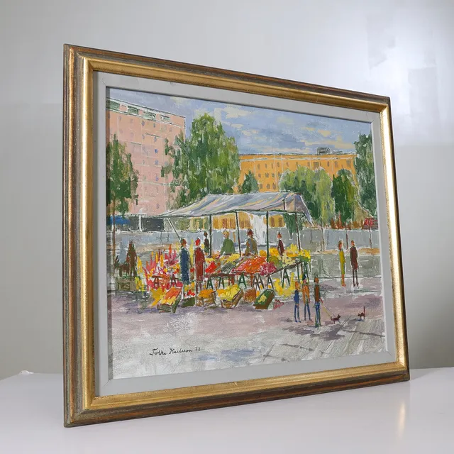 FOLKE KARLSSON. Olja på duk, "Torget i Västertorp", signerad samt daterad -73.