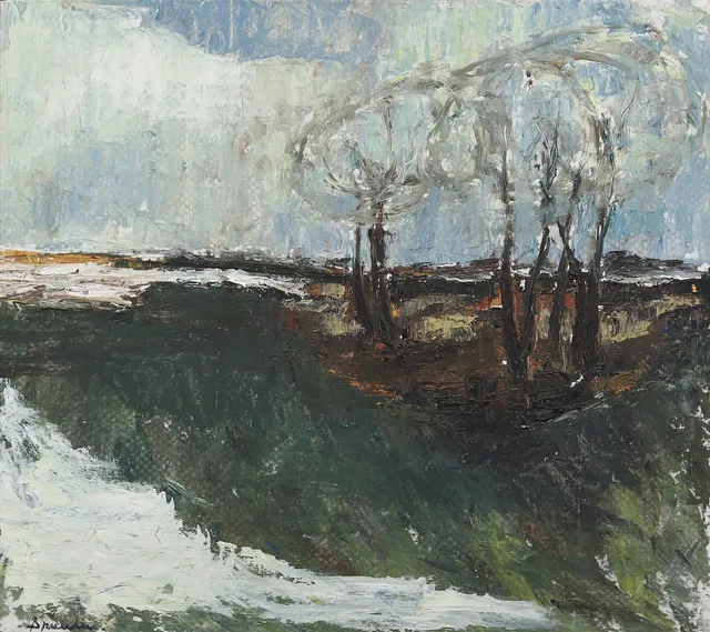 HANNA BRUNDIN (1914-2000). "Träddunge vid bäcken", olja på duk, signerad.
