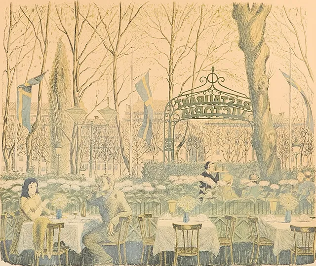 HARALD SALLBERG (1895-1963), SVERIGE. FÄRGLITOGRAFI, "Restaurant Victoria".