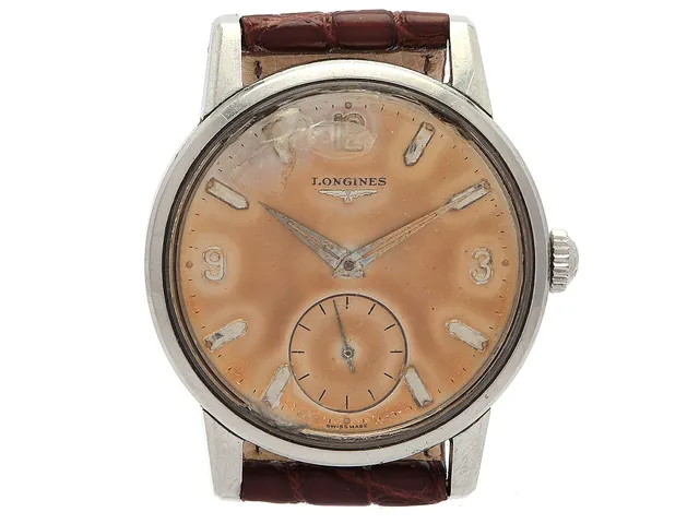 LONGINES, Cal 30L, Serie nr. 11637700, Boett nr. 7176 1 / 1329, herrur, 34,5 mm, stål, manuell, plexiglas (skadat), liten sekundvisare, skadad urtavla, läderband, ca 1961.