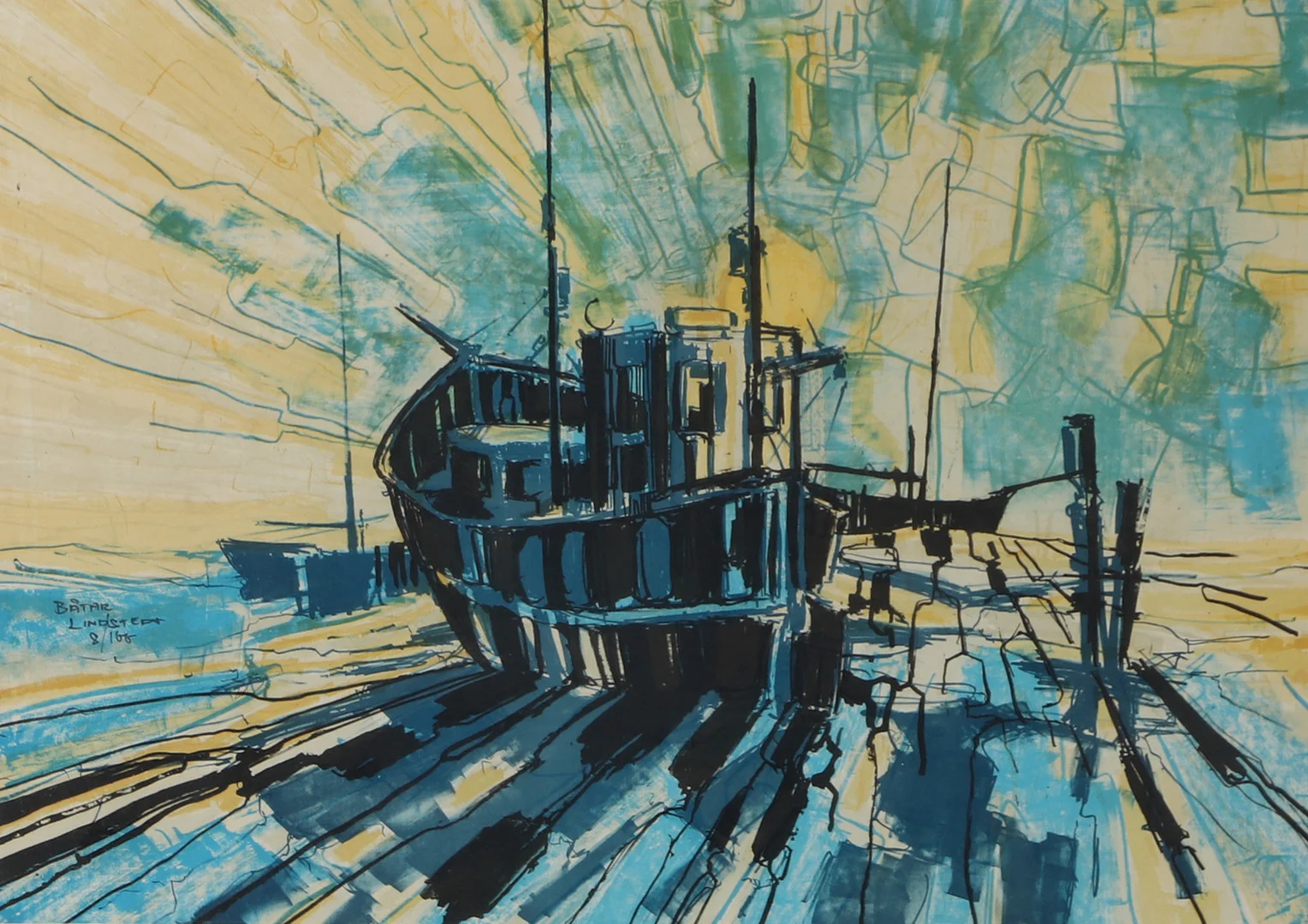 ROLF LINDSTEDT. "Båtar", färglitografi, signerad Lindstedt. — Engravings & Prints — Helsingborgs Auktionskammare
