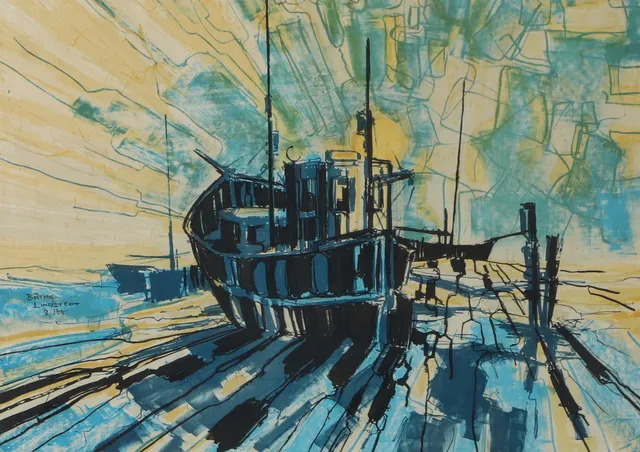 ROLF LINDSTEDT. "Båtar", färglitografi, signerad Lindstedt.