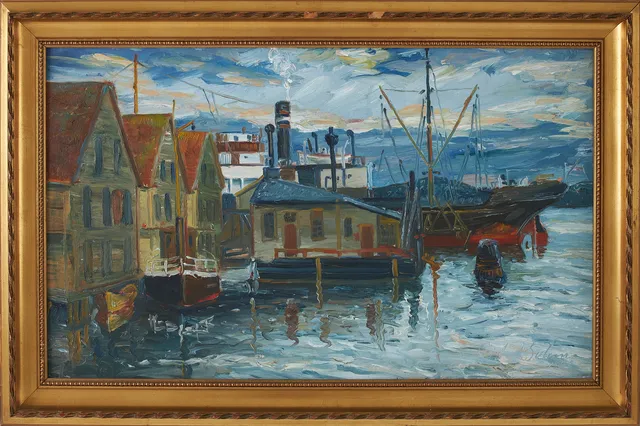 GÖSTA BOHM. Hamnen i Hudiksvall, olja på pannå, signerad.
