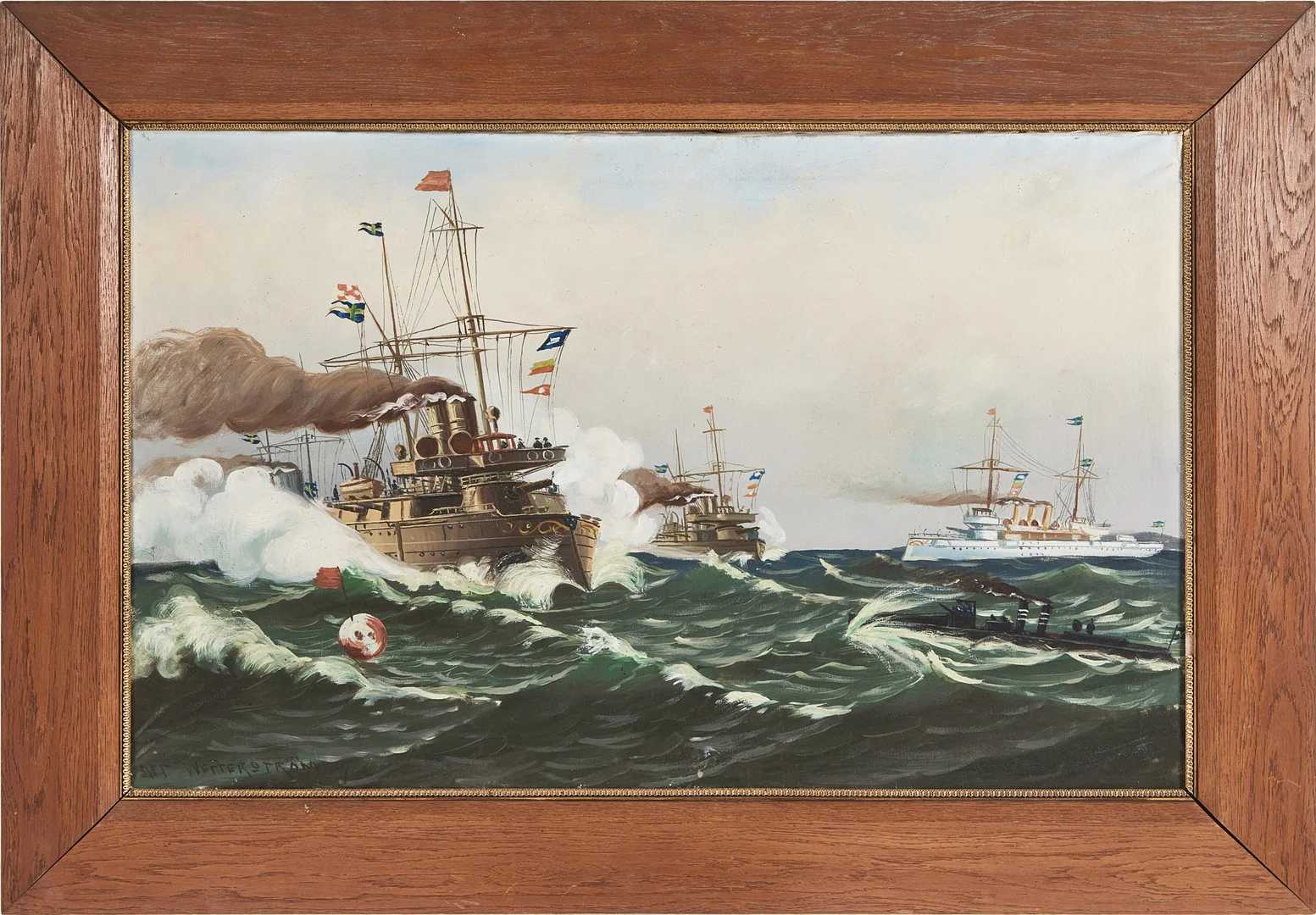 ALFRED WETTERSTRÖM (1863-1934). Marinmotiv med kryssare till havs, olja på duk, signerad samt daterad 07. — Paintings — Stockholms Auktionsverk Magasin 5