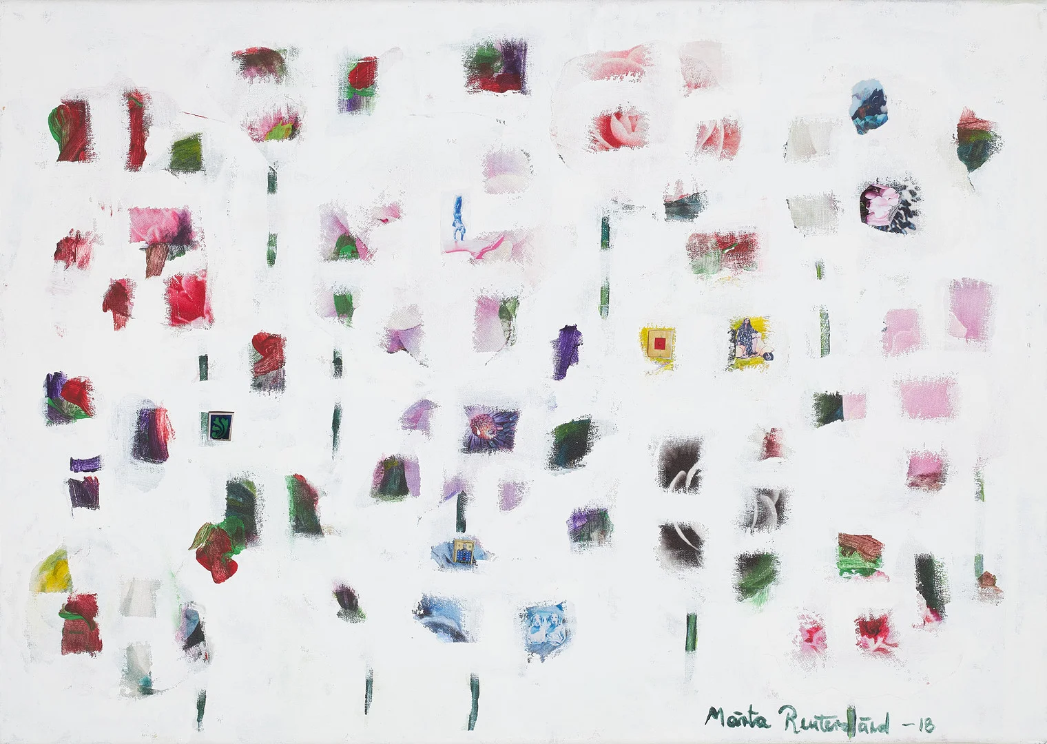 MÄRTA REUTERSWÄRD. "Fragments of Life I", textil och akryl på canvas, numrerad och signerad. — Paintings — Stockholms Auktionsverk Sickla