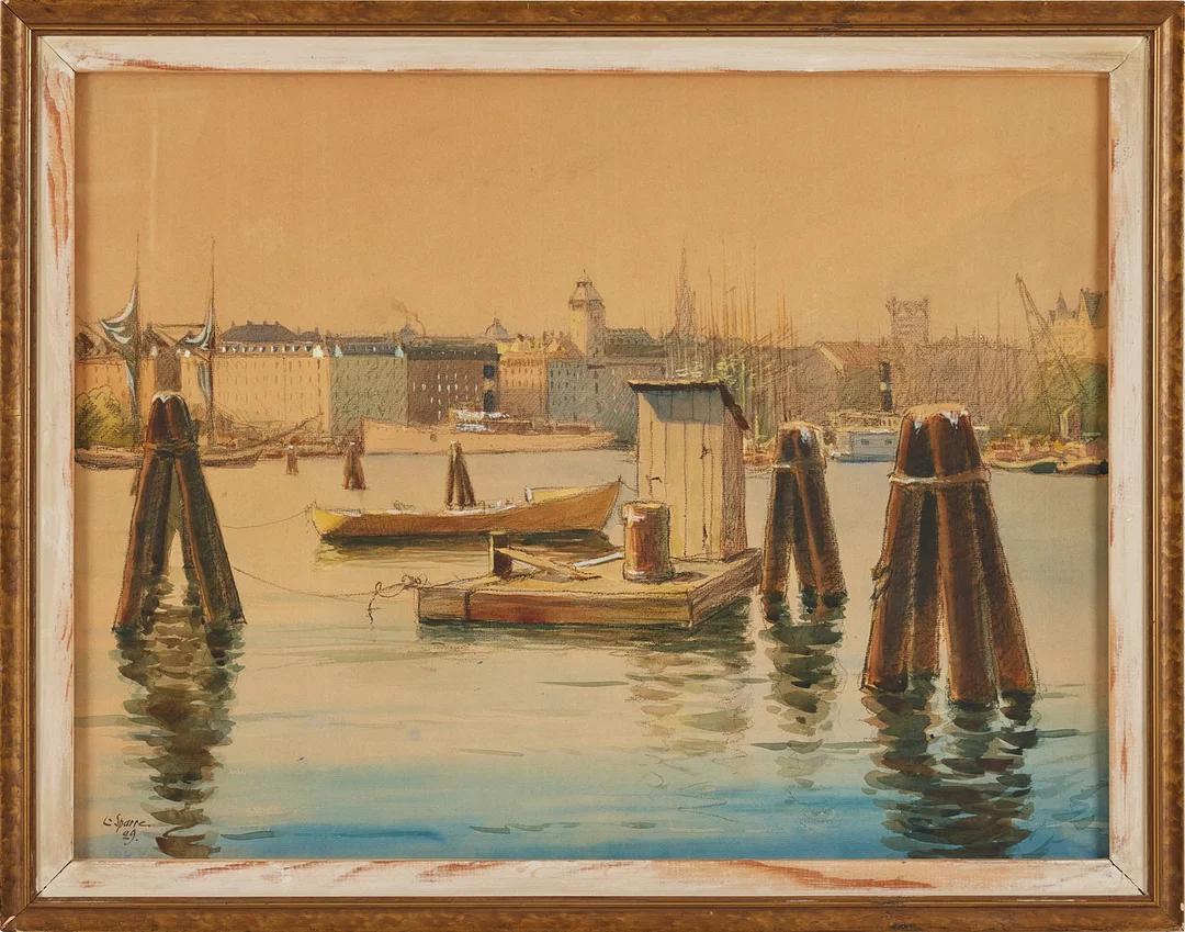LOUIS SPARRE. Stockholmsmotiv, blandteknik, signerad och daterad -29. — Paintings — Stockholms Auktionsverk Magasin 5